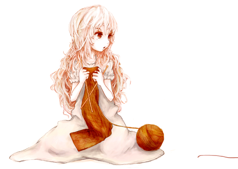 brown_eyes, dress, knitting, long_hair, motachin, original, scarf, solo, white_hair, yarn