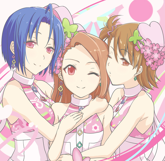 3girls, blue_hair, brown_eyes, brown_hair, earrings, flower, futami_ami, girl_sandwich