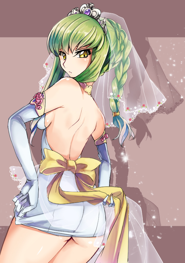 1girl, alternate_hairstyle, ass, back, bare_back, blush, bow, braid, breasts, bridal_veil, c.c., choker, code_geass, dress, elbow_gloves, from_behind, gloves, green_hair, long_hair, looking_back, open-back_dress, payot, shadow, shida_(xwheel), single_braid, solo, tiara, veil, wedding_dress, yellow_eyes