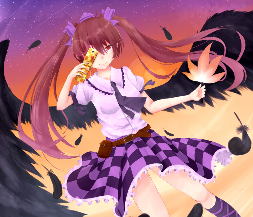 1girl, belt, bird_wings, blouse, brown_hair, cellphone, cellphone_camera, checkered