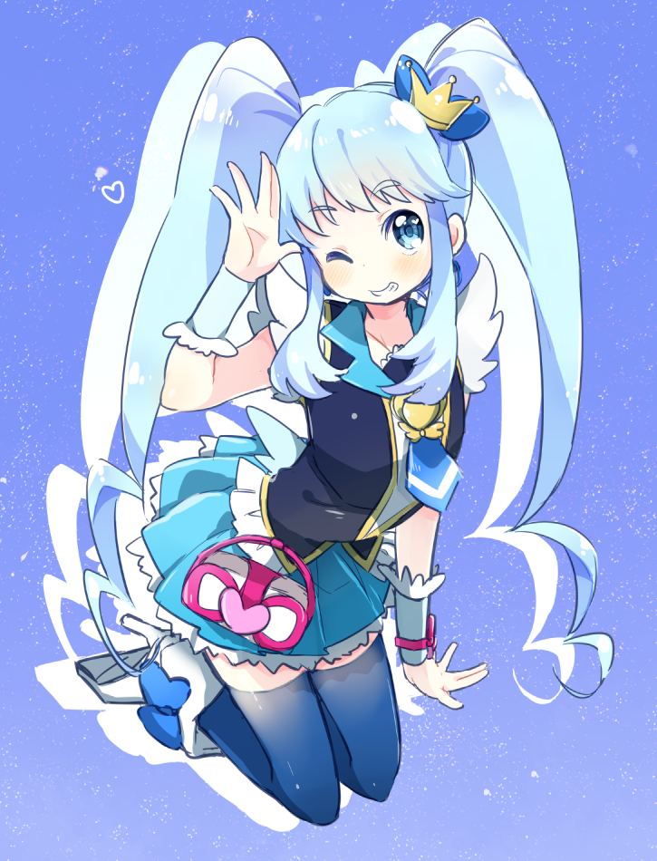 1girl, black_legwear, blue, blue_background, blue_eyes, blue_hair, blue_skirt, brooch