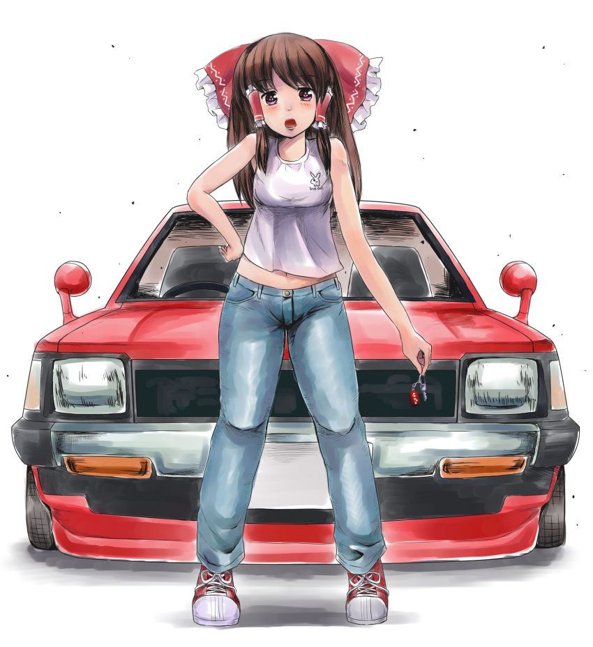1girl, alternate_costume, bow, breasts, brown_hair, camisole, car, contemporary, denim, hair_bow, hair_tubes, hakurei_reimu, hand_on_hip, highres, jeans, key, long_hair, looking_at_viewer, midriff, motor_vehicle, navel, open_mouth, pink_eyes, shadow, shoes, simple_background, sneakers, solo, t.m_(aqua6233), touhou, toyota, toyota_starlet, vehicle, white_background