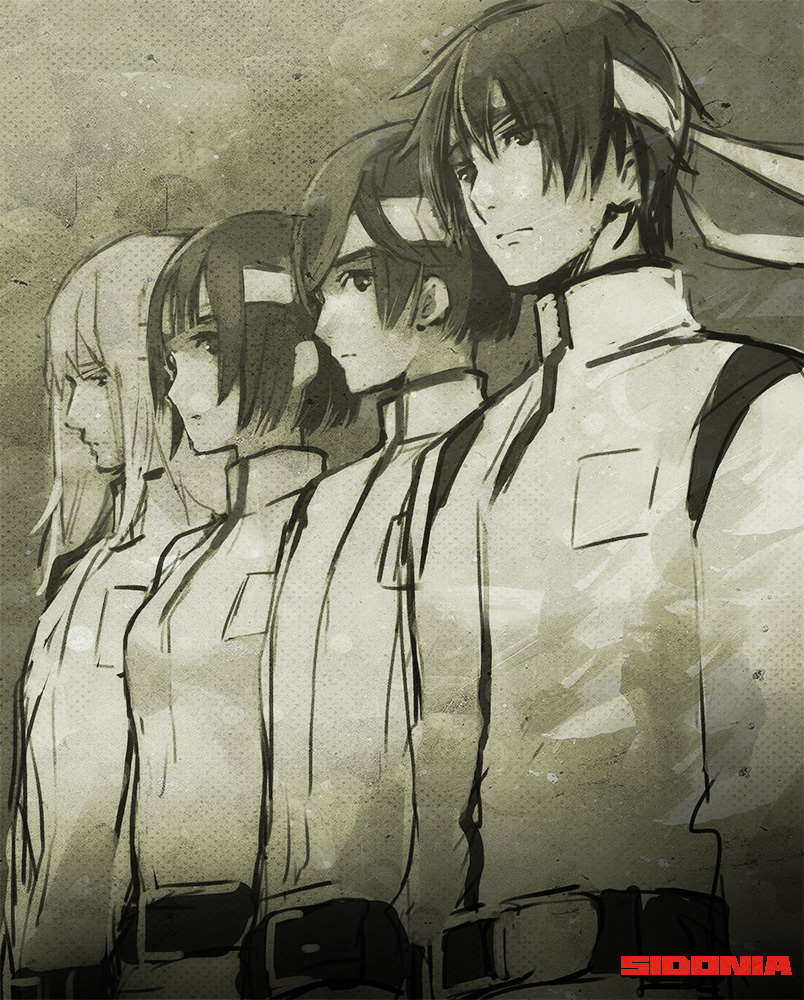 2boys, 2girls, black_hair, copyright_name, headband, hoshijiro_shizuka, kunato_norio, military
