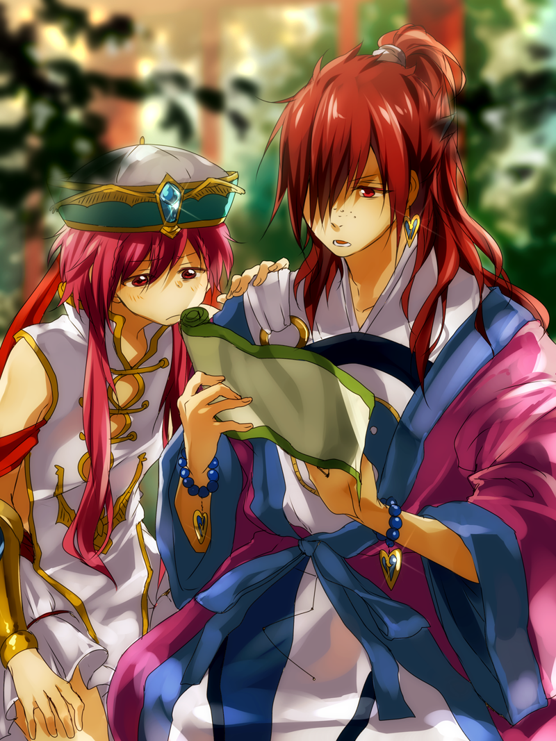 2boys, chinese_clothes, hat, magi_the_labyrinth_of_magic, multiple_boys, nuriko-kun, red_eyes, redhead