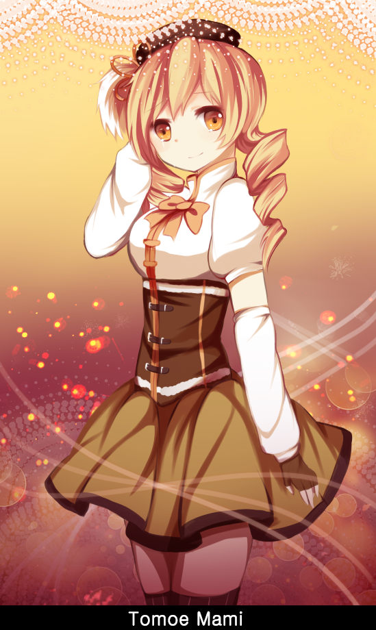 1girl, blonde_hair, bow, brown_eyes, fingerless_gloves, gloves, hat, mahou_shoujo_madoka_magica