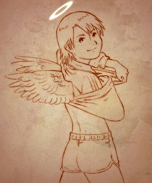 androgynous, boxers, brown, haibane_renmei, halo, kana, monochrome, r_kampfgruppe
