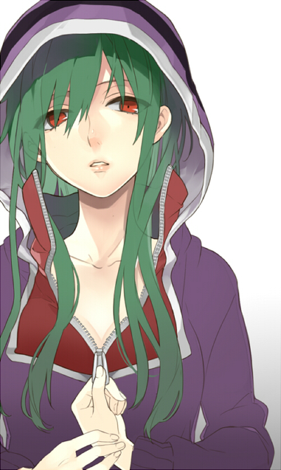 1girl, green_hair, hoodie, hoshi_ataru, kagerou_project, kido_tsubomi, long_hair, red_eyes