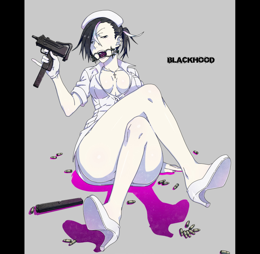 1girl, ammunition, bdsm, black_eyes, black_hair, black_hood, breasts, bullet