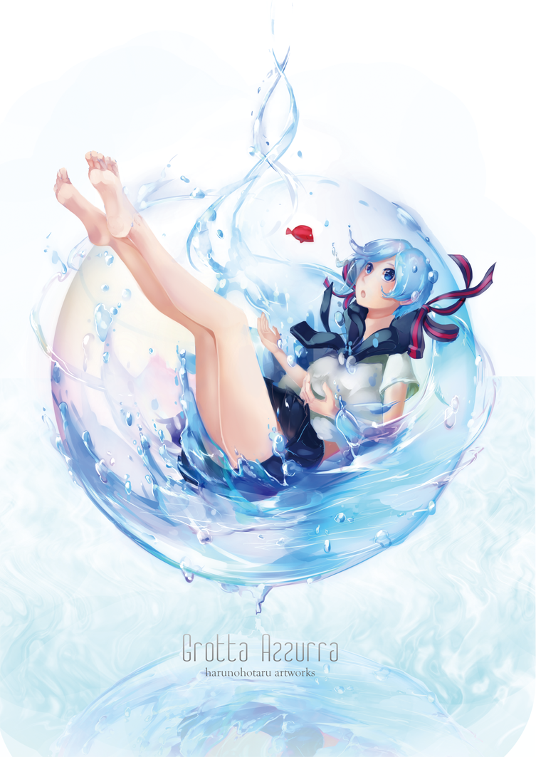 1girl, artist_name, barefoot, bottle_miku, feet, fish, hair_ribbon, harunohotaru, hatsune_miku, liquid_hair, long_hair, ribbon, school_uniform, serafuku, skirt, solo, very_long_hair, vocaloid, water