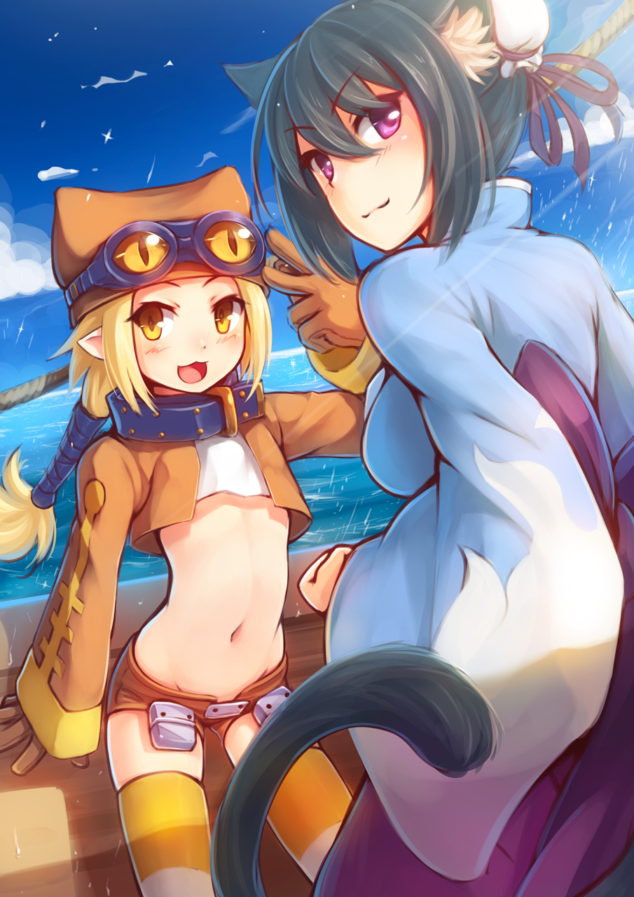 2girls, animal_ears, black_hair, blonde_hair, blush, breasts, bun_cover, cat_ears