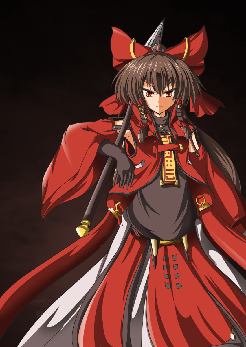 1girl, brown_eyes, brown_hair, detached_sleeves, gloves, guilty_gear, guilty_gear_2, hagami495, hakurei_reimu, highres, polearm, serious, sol_badguy, sol_badguy_(cosplay), solo, spear, touhou, weapon