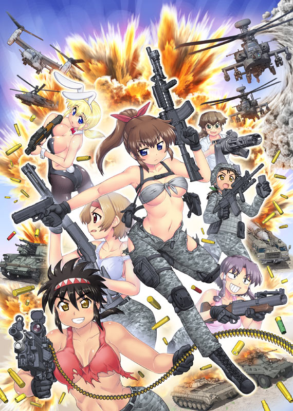 animal_ears, armored_vehicle, bunnysuit, explosion, gun, hase_yu, helicopter, military