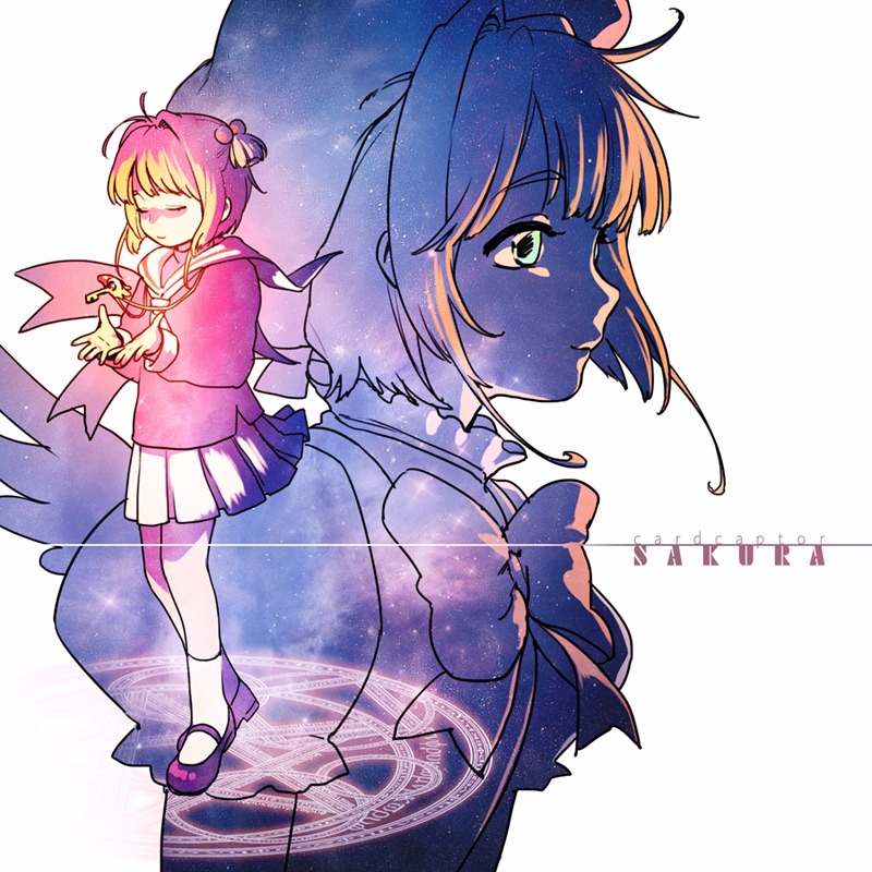 1girl, bangs, bow, brown_hair, cardcaptor_sakura, closed_eyes, copyright_name, fuuin_no_tsue