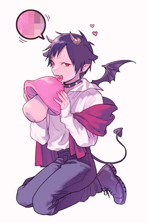 1boy, alternate_costume, black_hair, boots, brown_eyes, censored, collar, cross-laced_footwear