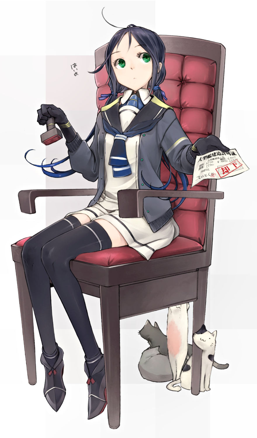 1girl, :3, black_legwear, blue_hair, cat, chair, gloves, green_eyes