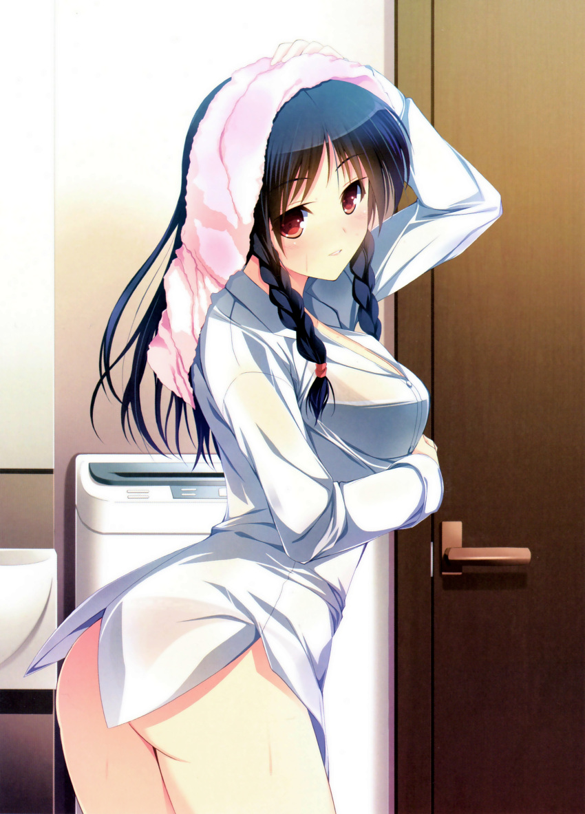 1girl, absurdres, arched_back, arm_up, ass, black_hair, blush, braid