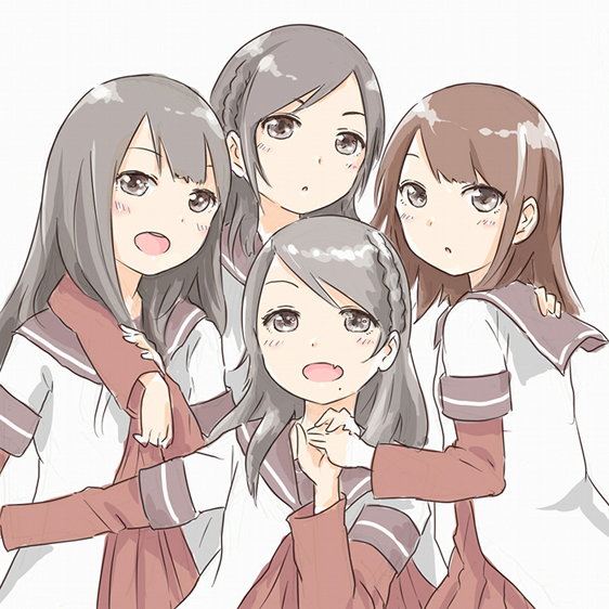 4girls, braid, brown_eyes, brown_hair, cosplay, funa, holding_hands, looking_at_viewer