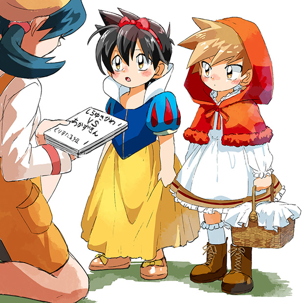 1girl, 2boys, carrying, child, crossdressinging, crystal_(pokemon), disney, height_difference