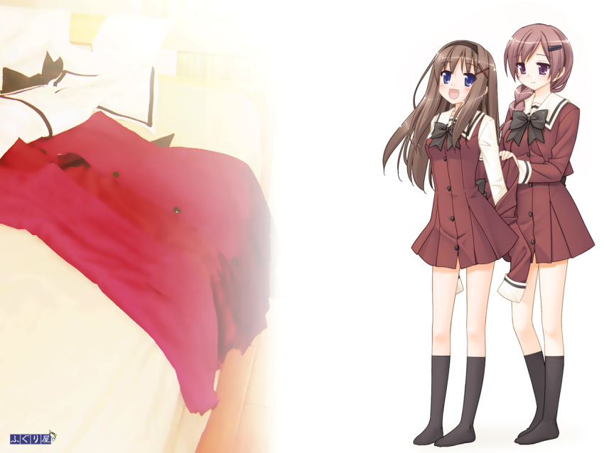2girls, blue_eyes, braid, brown_hair, dress, fuguriya, hairclip, headband