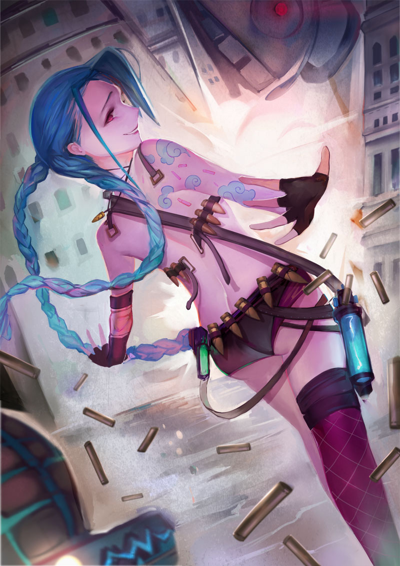 1girl, ass, back, blue_hair, braid, bullet, fingerless_gloves, gloves