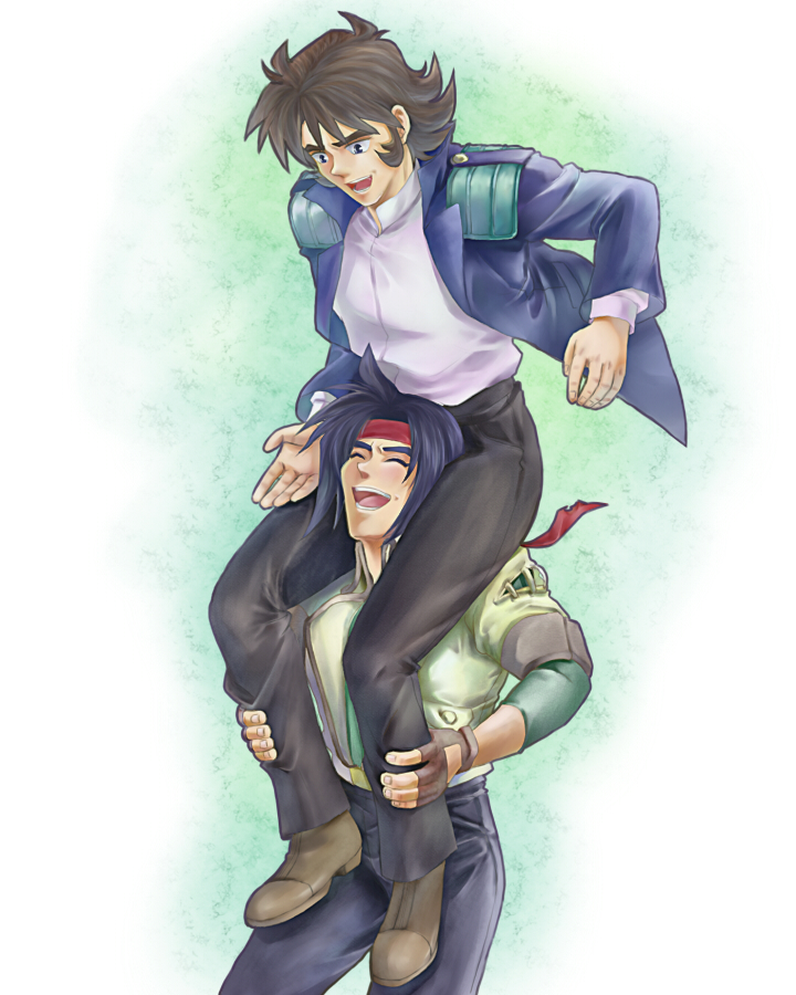 b-saku, carrying, domon_kasshu, g_gundam, gundam, happy, kyoji_kasshu, male