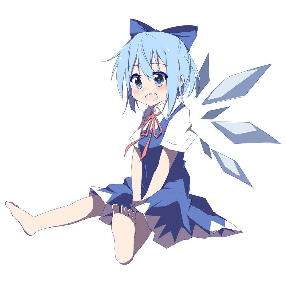 1girl, barefoot, blue_dress, blue_eyes, blue_hair, blush, bow, cirno