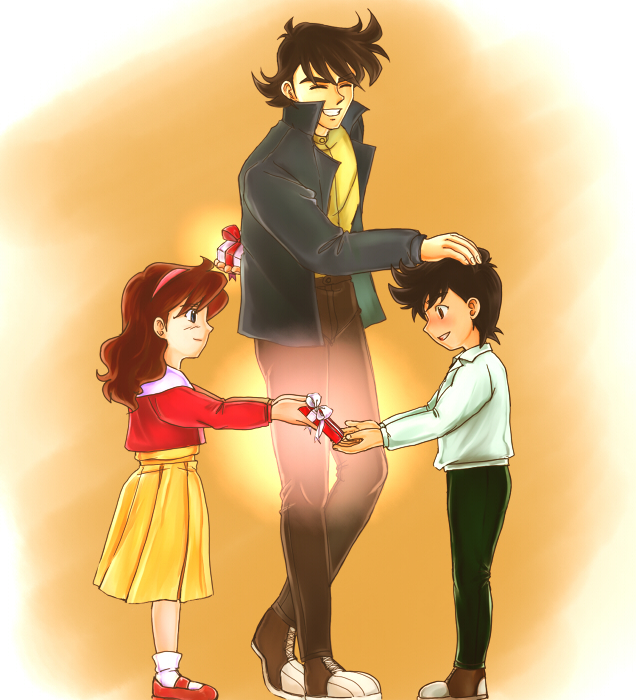 b-saku, child, closed_eyes, domon_kasshu, g_gundam, gift, gundam, happy, kyoji_kasshu, petting, pixiv_(349226), rain_mikamura, siblings, valentine, young