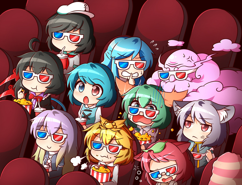 3d_glasses, 6+girls, ahoge, anchor_symbol, anger_vein, animal_ears, asymmetrical_wings, black_hair