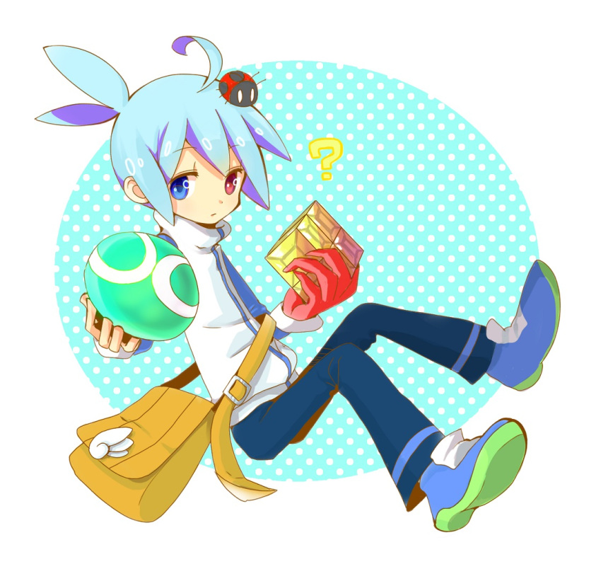 1boy, ?, ahoge, bag, blue, blue_eyes, blue_hair, insect