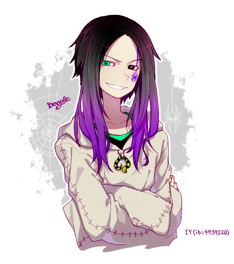 black_hair, character_name, crossed_arms, gradient_hair, green_eyes, grin, kiri_futoshi, long_hair, multicolored_hair, oogie_boogie, parted_lips, purple_hair, smile, solo, spider, spider_web, tagme, the_nightmare_before_christmas, two-tone_hair
