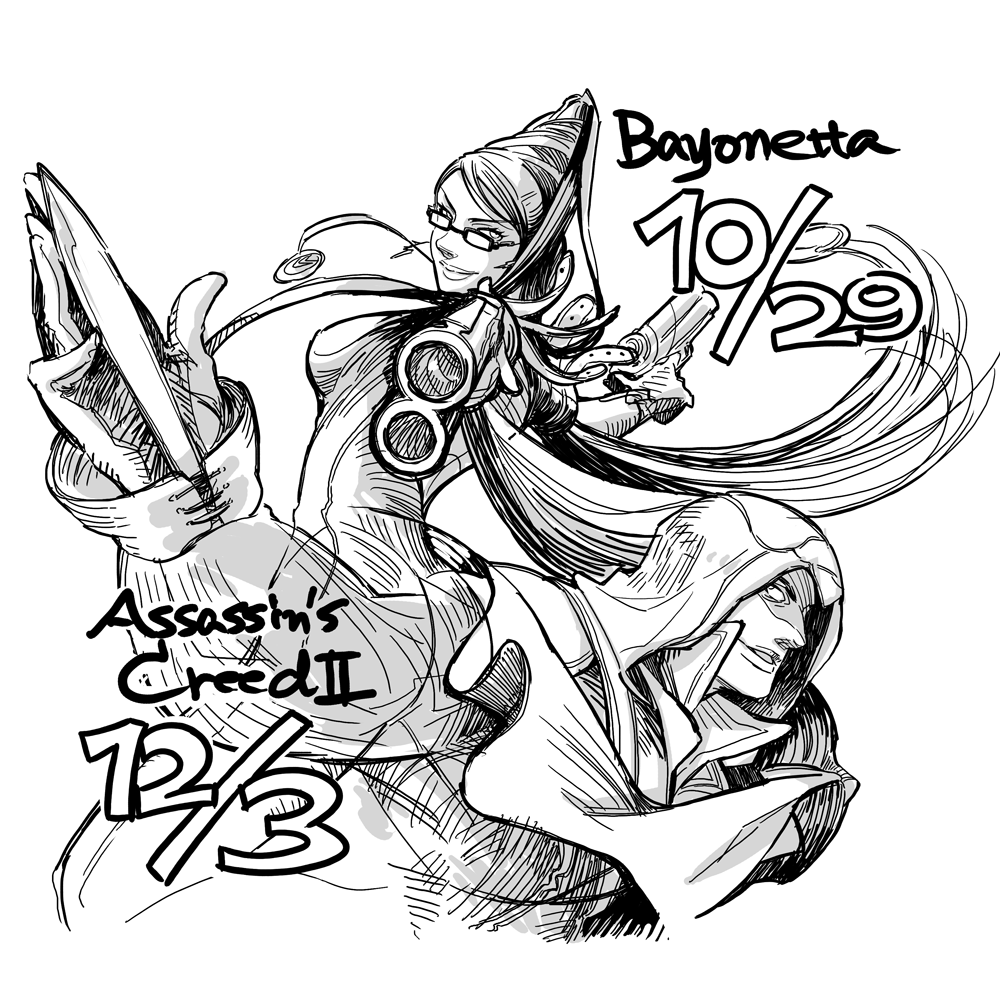assassin's_creed, assassin's_creed_ii, bayonetta, bayonetta_(character), ezio_auditore_da_firenze, glasses, gun, hair_bun