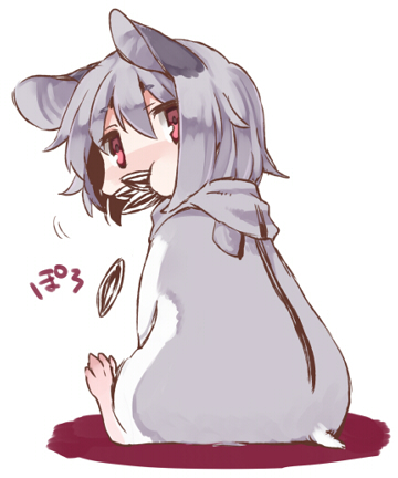 1girl, akagashi_hagane, animal_costume, animal_ears, eating, grey_hair, hamster_costume, hamster_tail