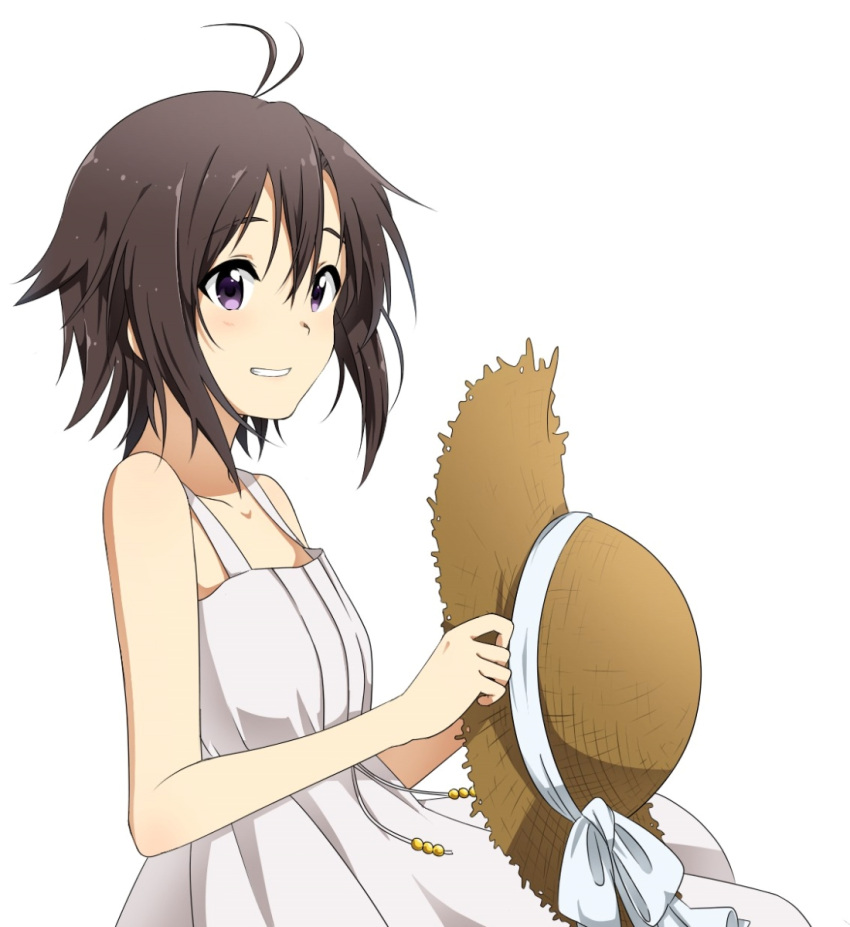 1girl, antenna_hair, black_hair, grin, hat, hat_ribbon, highres, idolmaster