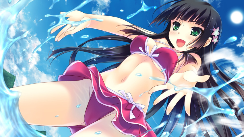 1girl, bikini, bikini_skirt, black_hair, game_cg, green_eyes, guardian_place, hair_ornament