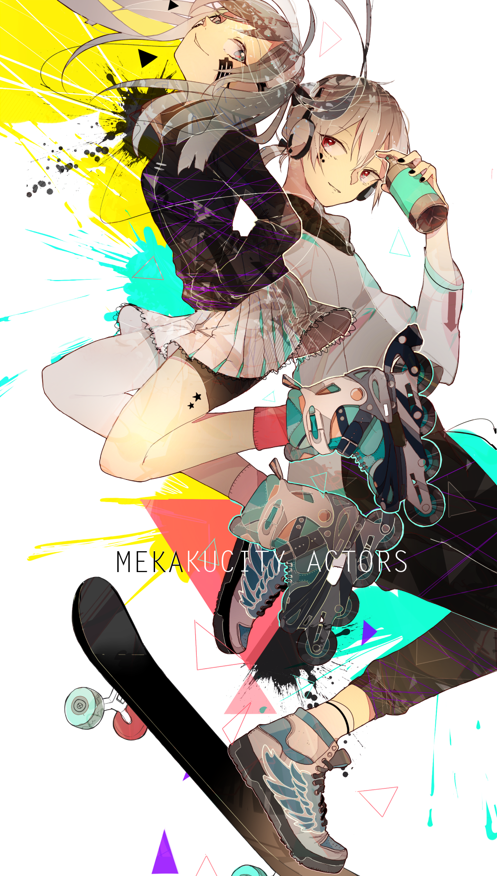 1girl, blue_eyes, blue_hair, ene_(kagerou_project), headphones, highres, kagerou_project, konoha_(kagerou_project)