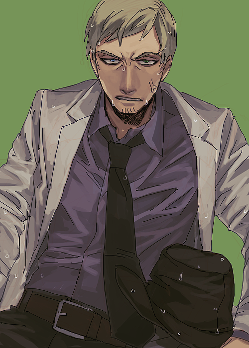1boy, alto_clef, anger_vein, assa, green_background, hat, hat_removed, headwear_removed