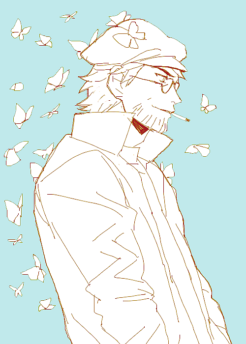 1boy, assa, blue_background, butterfly, cigarette, facial_hair, hat, kondraki