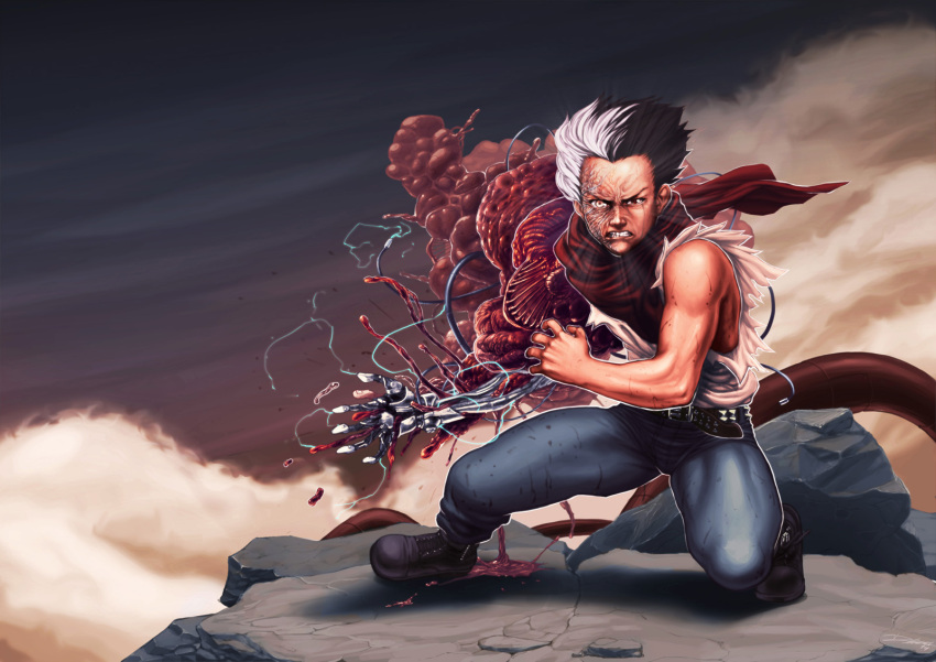 1boy, akira, angry, belt, black_hair, burnt, clouds, electricity
