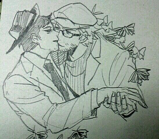 2boys, alto_clef, assa, butterfly, couple, eye_contact, facial_hair, glasses