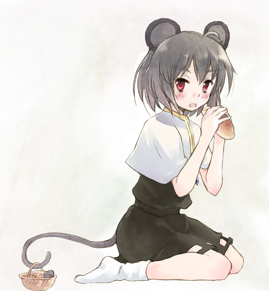 basket, eating, food, nazrin, nonaka_yuu, socks, solo, tail