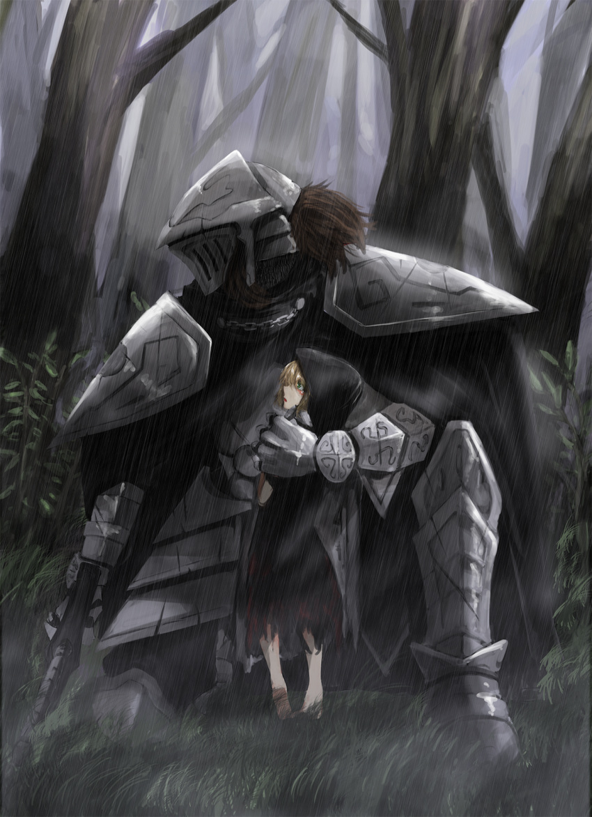 1boy, 1girl, arm_around_shoulder, armor, blonde_hair, blush, brown_hair, chain, cloak, forest, green_eyes, helmet, highres, hood, kirisame_tarou, kneeling, knight, looking_to_the_side, nature, original, rain, size_difference, sword, tree, weapon