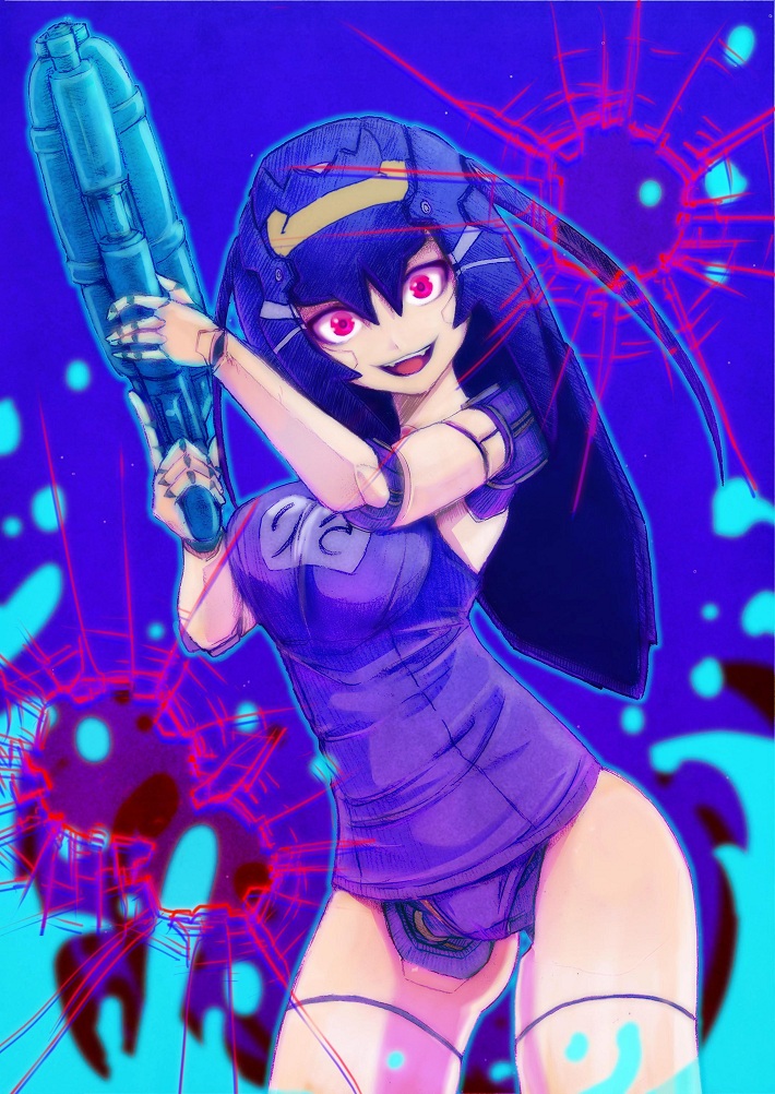 1girl, android, black_hair, breasts, fourth_wall, gun, hikomaro610, large_breasts