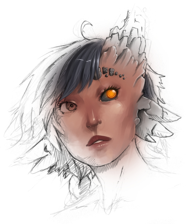 1girl, black_hair, black_sclera, dark_skin, dragon_girl, endless_library, eyelashes, face, heterochromia, kipuka, lips, monster_girl, nose, orange_eyes, partially_colored, ringed_eyes, scales, short_hair, solo, whistle_frog
