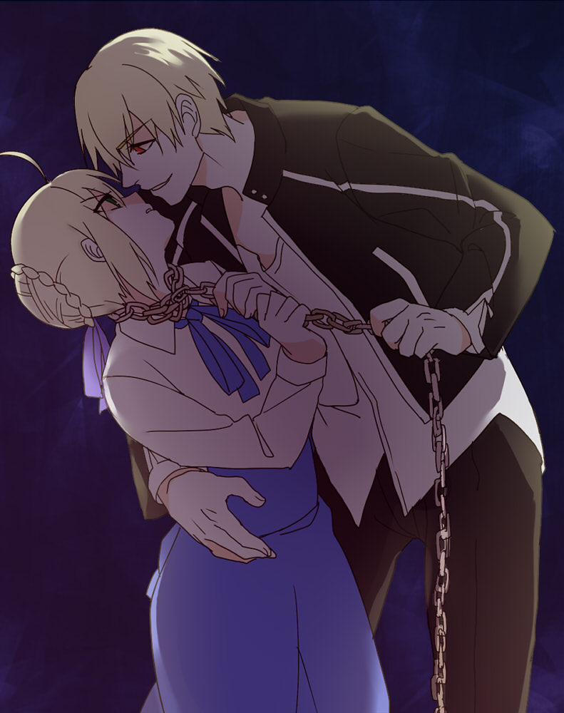 1boy, 1girl, ahoge, bdsm, blonde_hair, bondage, chain, fate/stay_night