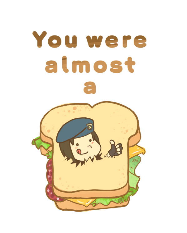 fingerless_gloves, food, girl_in_food, gloves, hat, in_food, jill_valentine, joke, peko-chan, pun, resident_evil, sandwich, thumbs_up, tongue