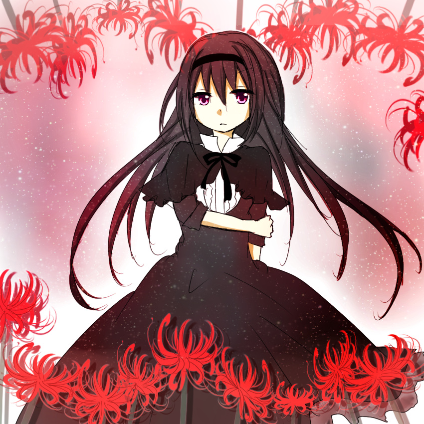 1girl, akemi_homura, black_hair, dress, flower, hairband, highres, long_hair
