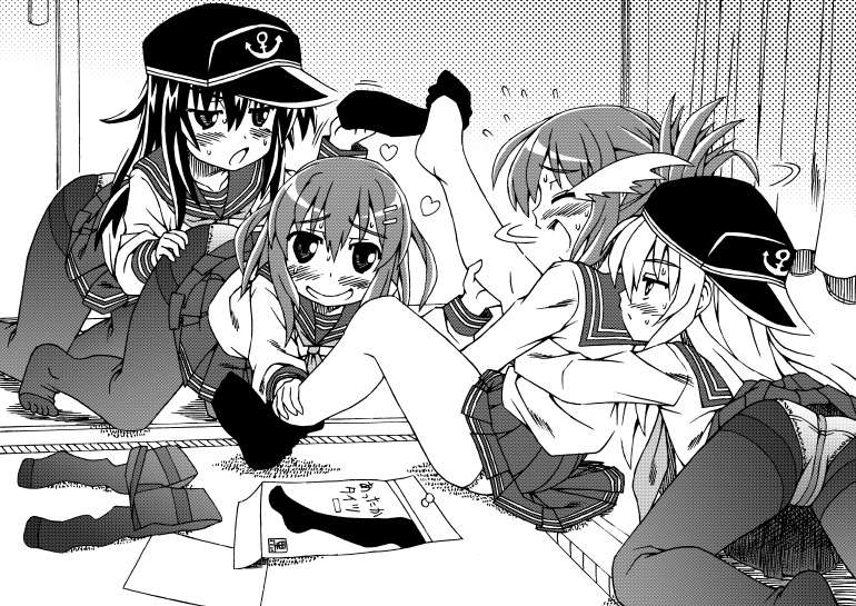 4girls, akatsuki_(kantai_collection), alternate_legwear, ass, backwards_hat, blush, crotch_seam, flying_sweatdrops