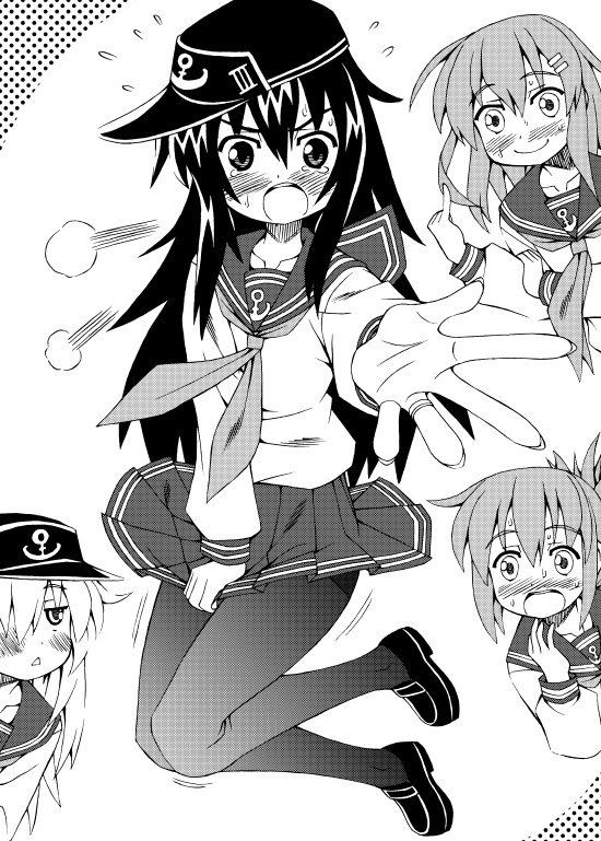 4girls, akatsuki_(kantai_collection), blush, folded_ponytail, hair_ornament, hairclip, hat, hibiki_(kantai_collection)