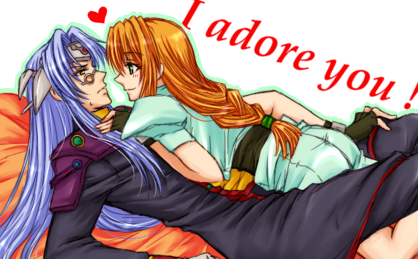 1boy, 1girl, assertive, blonde_hair, blue_hair, blush, english, excel, excel_saga, glasses, green_eyes, heart, hetero, ilpalazzo, long_hair, nmoo, on_bed, sweat, yellow_eyes