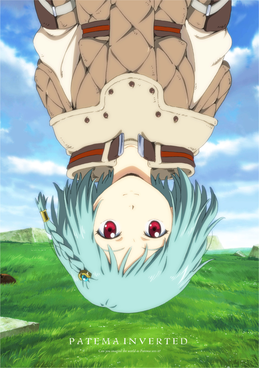1girl, aqua_hair, braid, hair_ornament, highres, patema, red_eyes, sakasama_no_patema, short_hair, solo